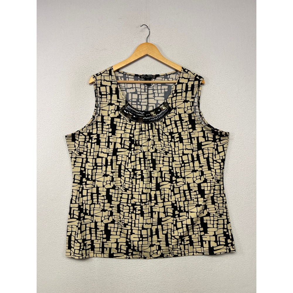 Geometric Modern Suzie in the City Woman 3X Tan Black Beaded Sleeveless Blouse